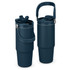 A drink bottle featuring a sleek dark blue design, with a handle and a lid that includes a straw. It has a logo.