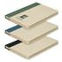 A stack of three Paulo Sugarcane Notebooks in green, blue, and black, with a logo on the cover.