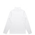 A white turtle neck sweater featuring long sleeves and a high collar, with a branding logo on the back.