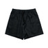 A pair of black linen shorts with an elastic waistband and drawstring. They have a simple, classic design.