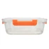 A clear lunch box with an orange handle, featuring a rectangular design and airtight lid.
