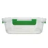A clear lunch box with a green handle, designed for easy transport and storage of meals.