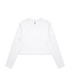 A white long-sleeve cropped tee with a simple design and a small logo.