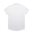 A white short-sleeve button-up shirt with a back yoke and a single central back seam. It features a collar and has a logo.