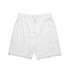 A pair of white sports shorts featuring an elastic waistband and a drawstring, with a logo on the front.