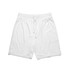 White sports shorts featuring an elastic waistband and drawstring, designed for active wear. Includes a brand logo.