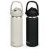 A drink bottle set featuring a light beige and a black colour option, both with a flip straw and carry handle.