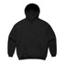A black hoodie with a hood and a front pocket, featuring a logo on the front.