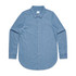 A blue denim button-up shirt with a collar and long sleeves, featuring a logo on the label.