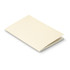 A soft cover notebook in a cream colour with visible speckles and a simple design. It features a logo on the front.