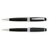 A black metal ballpoint pen with silver accents and a clip. The pen features a logo on its barrel.