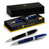 A blue metal ballpoint pen with silver accents, presented in a black gift box featuring a logo.