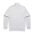 A grey half zip crew jumper, featuring long sleeves and a high collar, with a logo on the back.