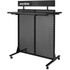 A black exhibition display stand with mesh panels, featuring a top shelf and wheels for mobility. It includes a logo.