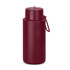 A drink bottle in burgundy, featuring a lid with a straw and a carrying loop. It has a logo on the side.