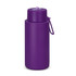 A drink bottle in a vibrant purple shade with a screw-top lid and a loop for carrying. It features a logo.