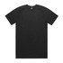 A black t-shirt with a crew neck and short sleeves, featuring a logo on the inside label.