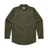 A button-up shirt in olive green with long sleeves and a chest pocket, featuring a logo.