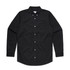 A black button-up denim wash shirt with long sleeves and a chest pocket. Features a logo on the label.
