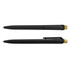 A black pen with a gold clip and cap, featuring a simple design and a logo on the barrel.