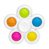 A fidget spinner in a flower shape with orange, pink, yellow, green, and blue buttons on a white base.