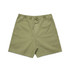 Olive green dress shorts with an elastic waistband and drawstring, featuring a simple design and no visible branding.