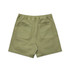 Faded green shorts featuring an elastic waistband and two back pockets. Includes a logo on the fabric.