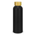 A drink bottle made of recycled aluminium, featuring a matte black finish and a wooden cap.