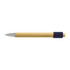 A bamboo pen featuring a silver tip and a navy blue grip. It has a sleek, natural finish.