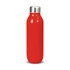 A drink bottle in bright red with a stainless steel lid and a smooth, curved design. It features a logo.