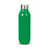 A drink bottle in a vibrant green colour with a sleek design and a stainless steel cap. It features a logo.