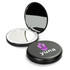 A compact mirror with a black exterior and a reflective interior, featuring a logo on the lid.