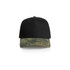 A two-tone camo cap featuring a black crown and a camouflaged brim. Includes a logo on the front.