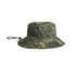 A wide brim bucket hat in a camo pattern, featuring a chin strap for secure wear.