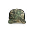 A camo trucker cap featuring green and tan patterns with a black mesh backing and a solid front.