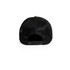 A black mesh trucker cap featuring a snapback closure and a branded logo on the adjustable strap.
