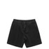 Black cord shorts with an elastic waistband and drawstring. Features a smooth texture and casual design.