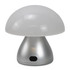 A Portobello table lamp with a silver base and a frosted glass dome shade in a mushroom shape.
