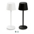 Two rechargeable table lamps are displayed: one in white and one in black, each with a minimalist design.