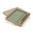 A green notebook and pen set displayed in a kraft gift box. The notebook is closed, and the pen is placed beside it.