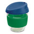 A drink bottle made of borosilicate glass with a blue lid and a green silicone sleeve. It has a logo.