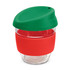 A drink bottle made of clear borosilicate glass with a green silicone lid and a red silicone band.