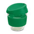 A drink bottle with a transparent borosilicate glass body, featuring a green silicone lid and sleeve.