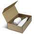 A white vacuum drink bottle and a white tumbler inside a brown cardboard gift box. The box is partially opened.