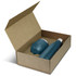 A teal drink bottle and a matching cup inside an open brown cardboard box, featuring a logo on the items.