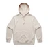 A beige hoodie featuring a front pocket and a drawstring hood. The garment has a branding logo.