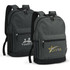 A grey backpack with multiple pockets and mesh sides, featuring two logos on the front.