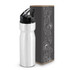 A drink bottle with a white body and black flip cap, presented next to a decorative box featuring a design.