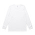 A long-sleeve white T-shirt with a simple design and branding on the tag.