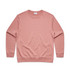 A pink sweater with a crew neck and long sleeves. The garment has a tag and features a logo.